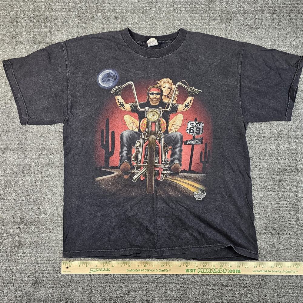 Vintage Johnny’s Route 69 Motorcycle Short Sleeve Fringe T-Shirt Size ExtraLarge